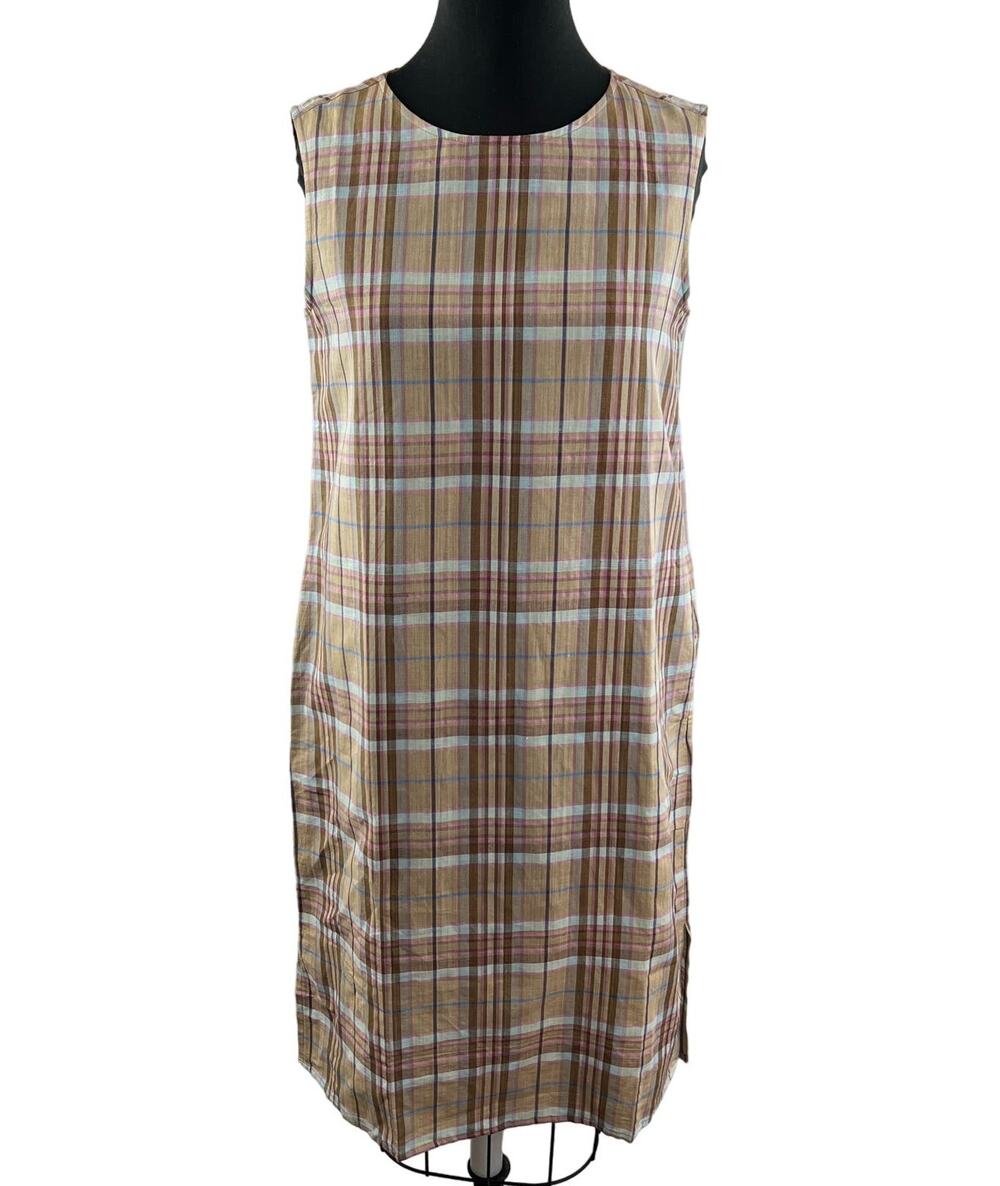 LIN BLANC Tan Brown Tartan Plaid Sleeveless Prairie Shift Dress Sz M Medium NEW